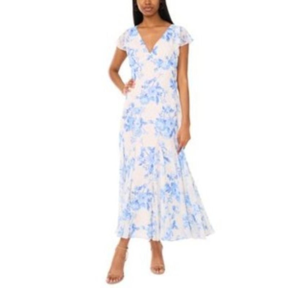 CeCe Womens Printed V-Neck Flutter Dress Blue Air (1)